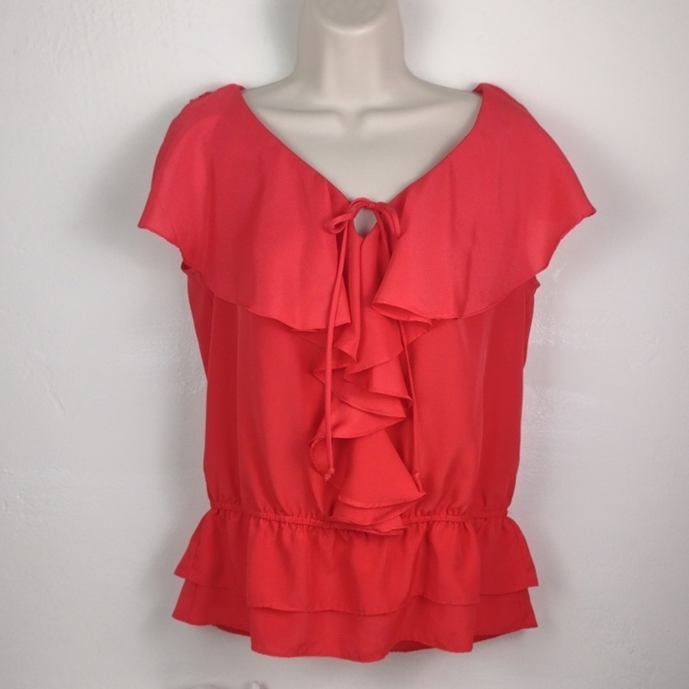 Apostrophe Red Romantic Ruffled Cute Tie-Front Blouse